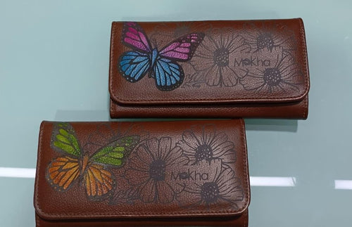 Billetera de Cuero para Dama Café Mariposa Fucsia y Azul