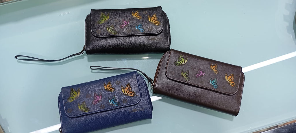Billetera de Cuero para Dama Café Mariposas de Colores