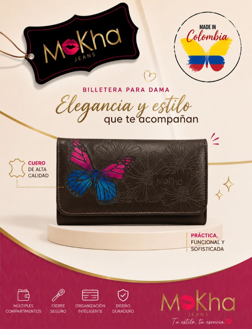 Billetera de cuero para dama café oscuro con mariposa fucsia y azul