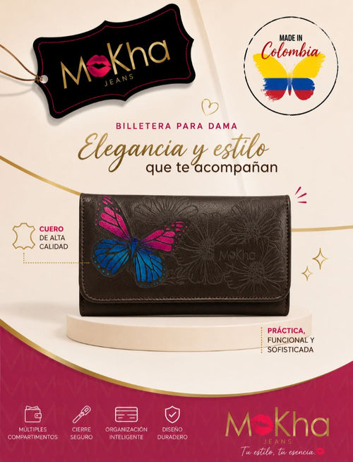 Billetera de cuero para dama café oscuro con mariposa fucsia y azul