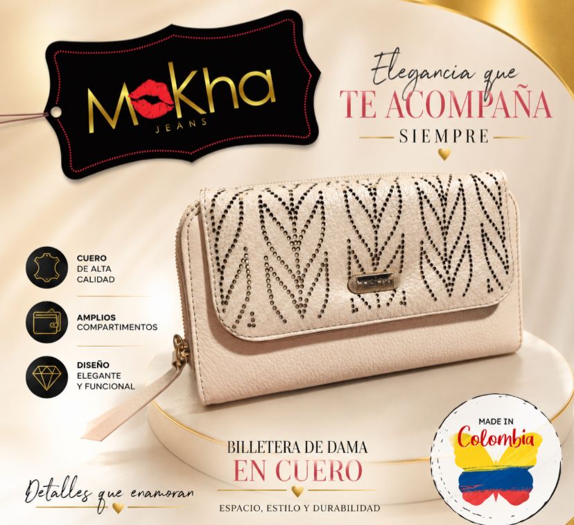 Billetera de cuero para dama color crema con brillantes