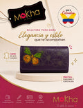 Billetera de cuero para dama morada con mariposa verde y naranja