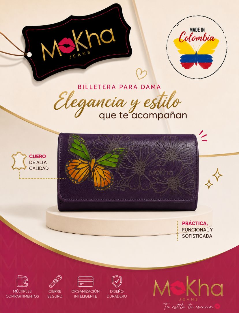 Billetera de cuero para dama morada con mariposa verde y naranja