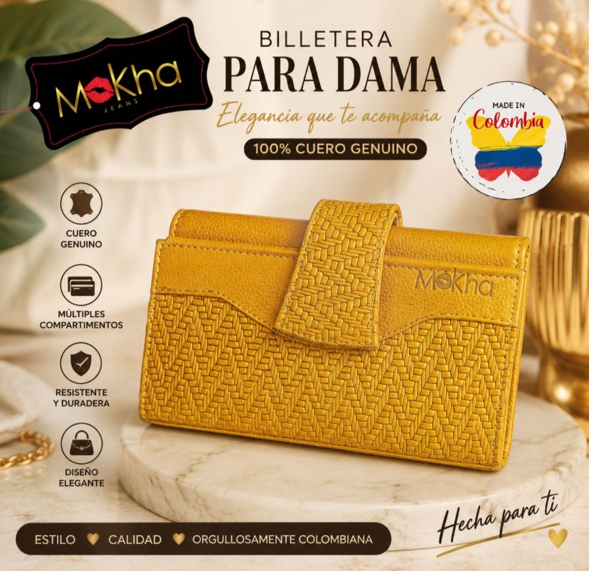 Billetera de cuero para dama amarillo mostaza con textura tejida