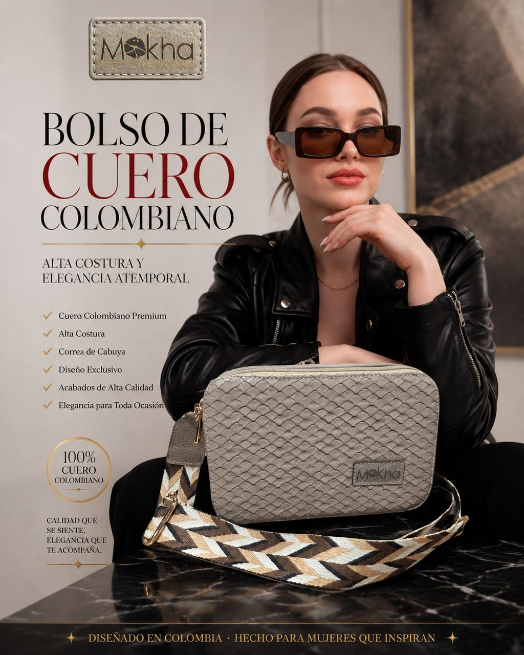 Bolso bandolera de cuero gris con textura trenzada y correa tejida