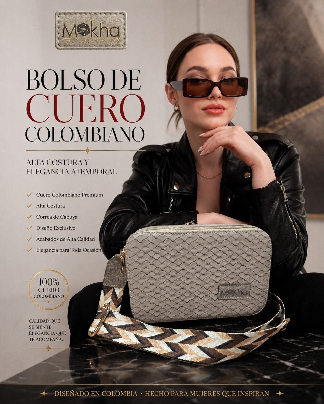 Bolso bandolera de cuero gris con textura trenzada y correa tejida