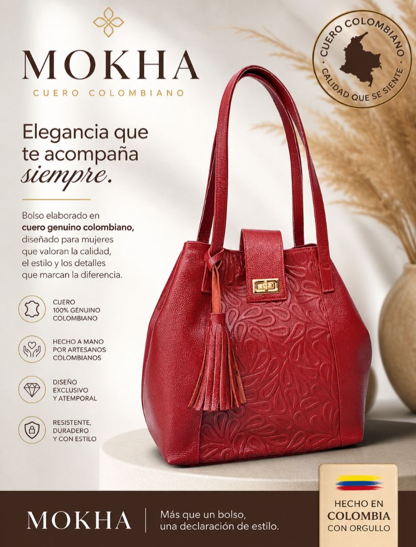 Bolso de cuero grande rojo con grabado floral, broche dorado y borla