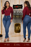 Jean Colombiano Push-Up azul medio, corte skinny tiro alto con 3 botones dorados