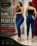 Jean Colombiano Push-Up azul oscuro, corte skinny tiro alto con 3 botones dorados
