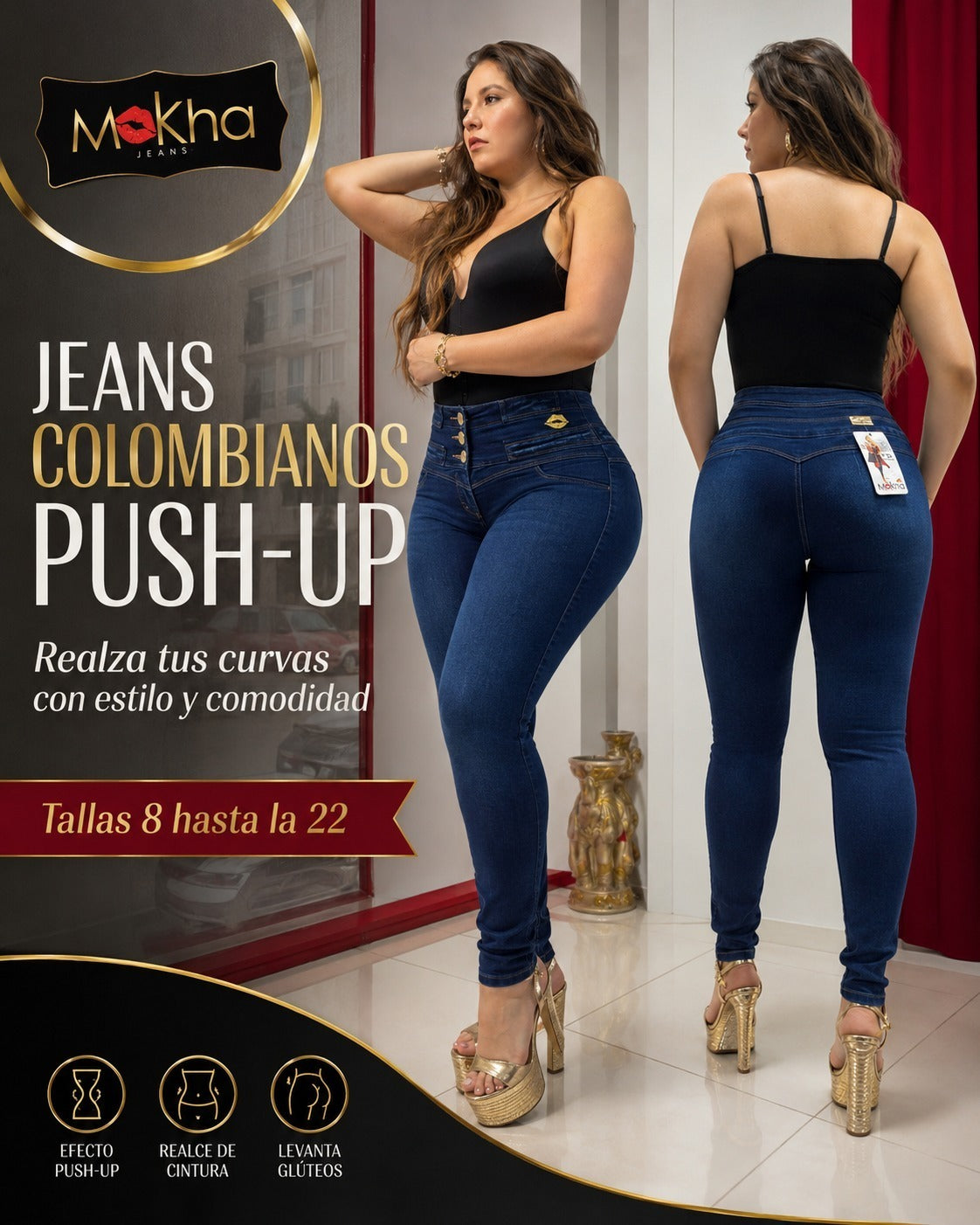 Jean Colombiano Push-Up azul oscuro, corte skinny tiro alto con 3 botones dorados